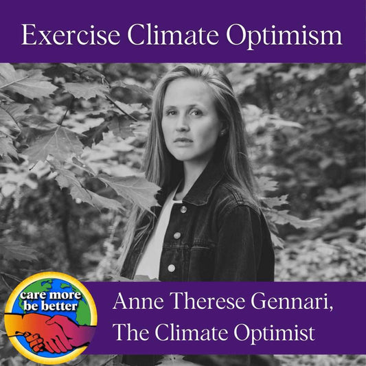 Anne Therese Gennari in a forest with the heading "Exercise Climate Optimism"