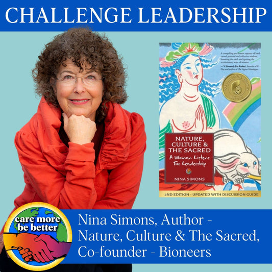 Nina Simons pictured with her book cover, Nature, Culture & The Sacred - A Woman Listens for Leadership.