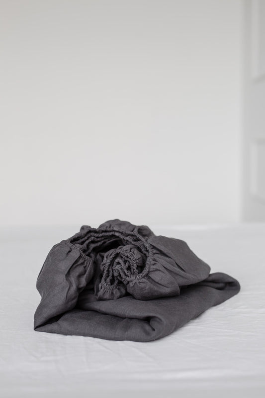 Linen fitted sheet in Charcoal by AmourLinen