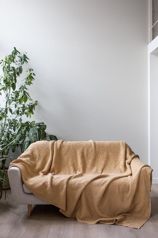 Linen waffle blanket in Mustard by AmourLinen