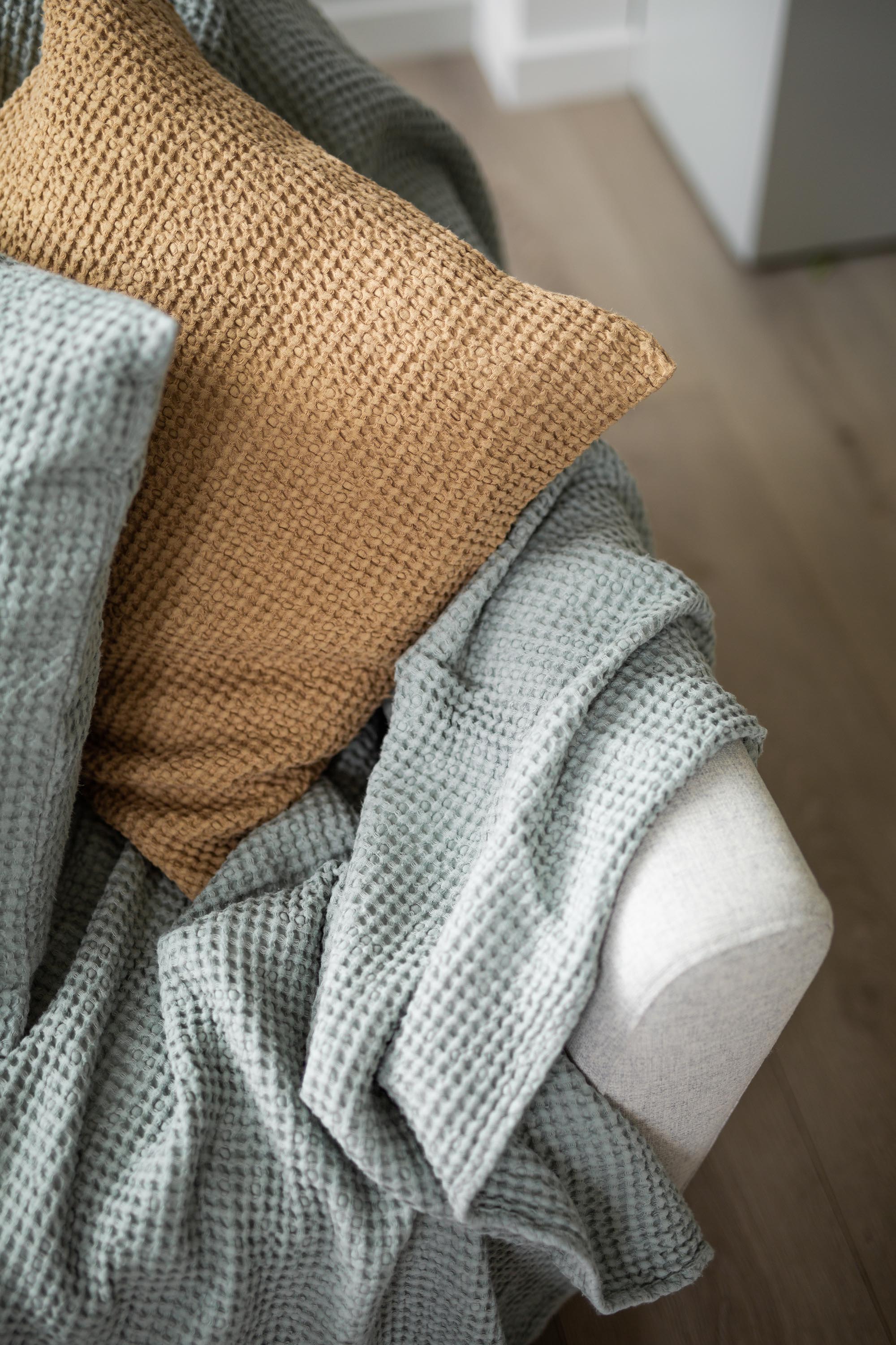 Linen waffle blanket in Sage Green by AmourLinen