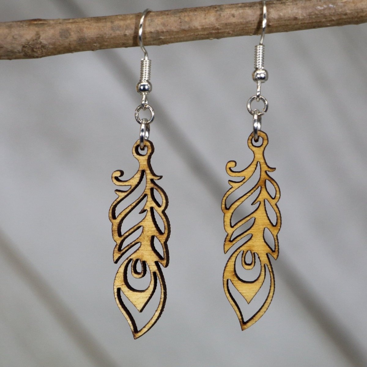 Art Nouveau Feather Wooden Dangle Earrings by Cate's Concepts, LLC