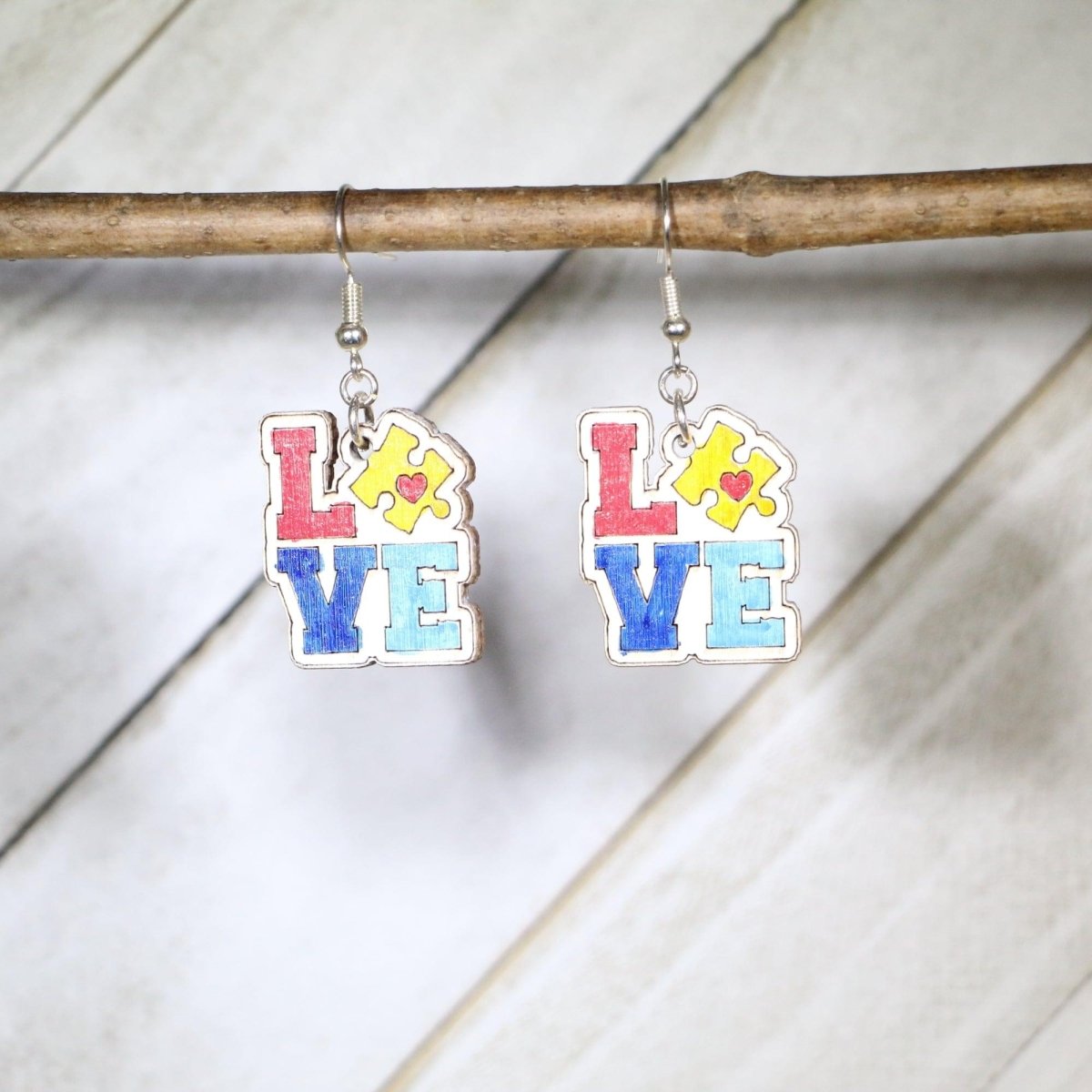 Autism LOVE Wooden Dangle Earrings by Cate's Concepts, LLC