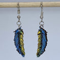 Load image into Gallery viewer, Blue and Yellow Wooden Feather Dangle Earrings by Cate's Concepts, LLC
