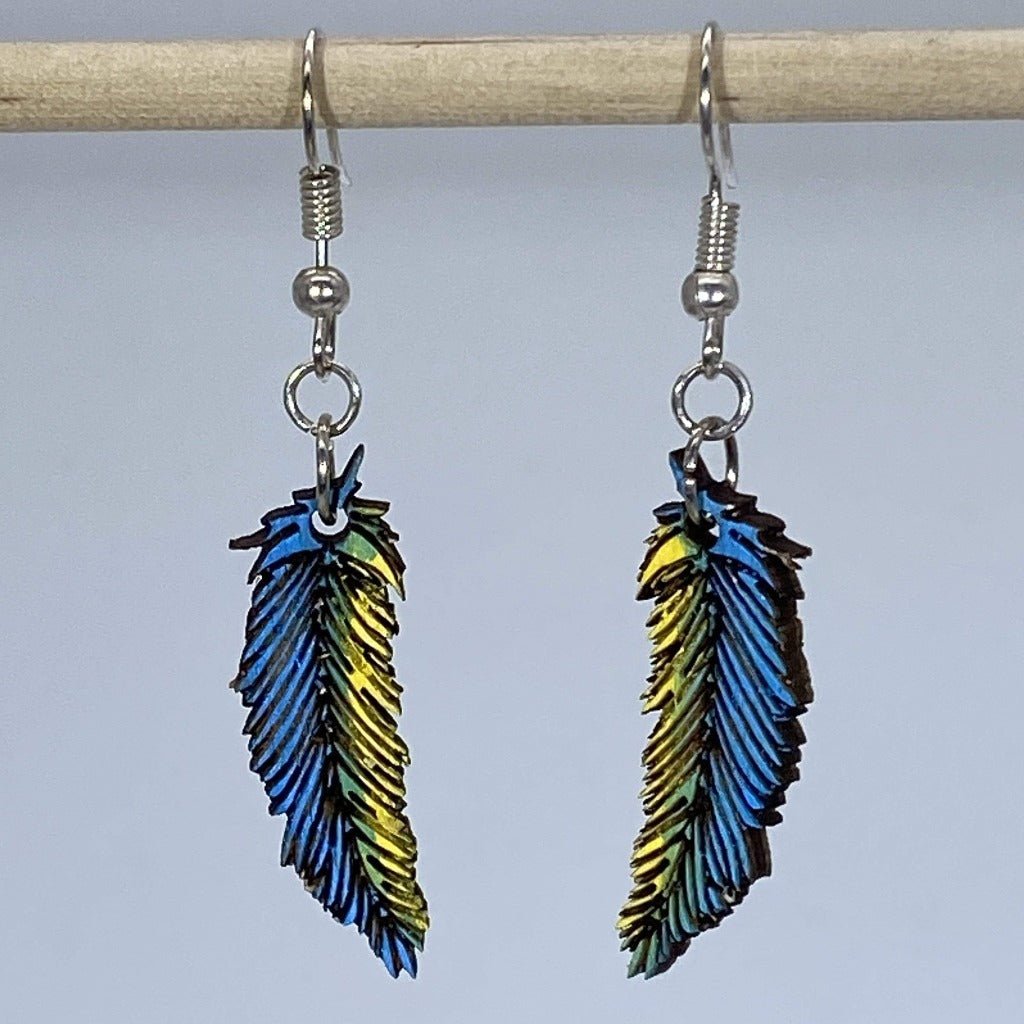 Blue and Yellow Wooden Feather Dangle Earrings by Cate's Concepts, LLC