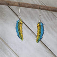 Load image into Gallery viewer, Blue and Yellow Wooden Feather Dangle Earrings by Cate's Concepts, LLC
