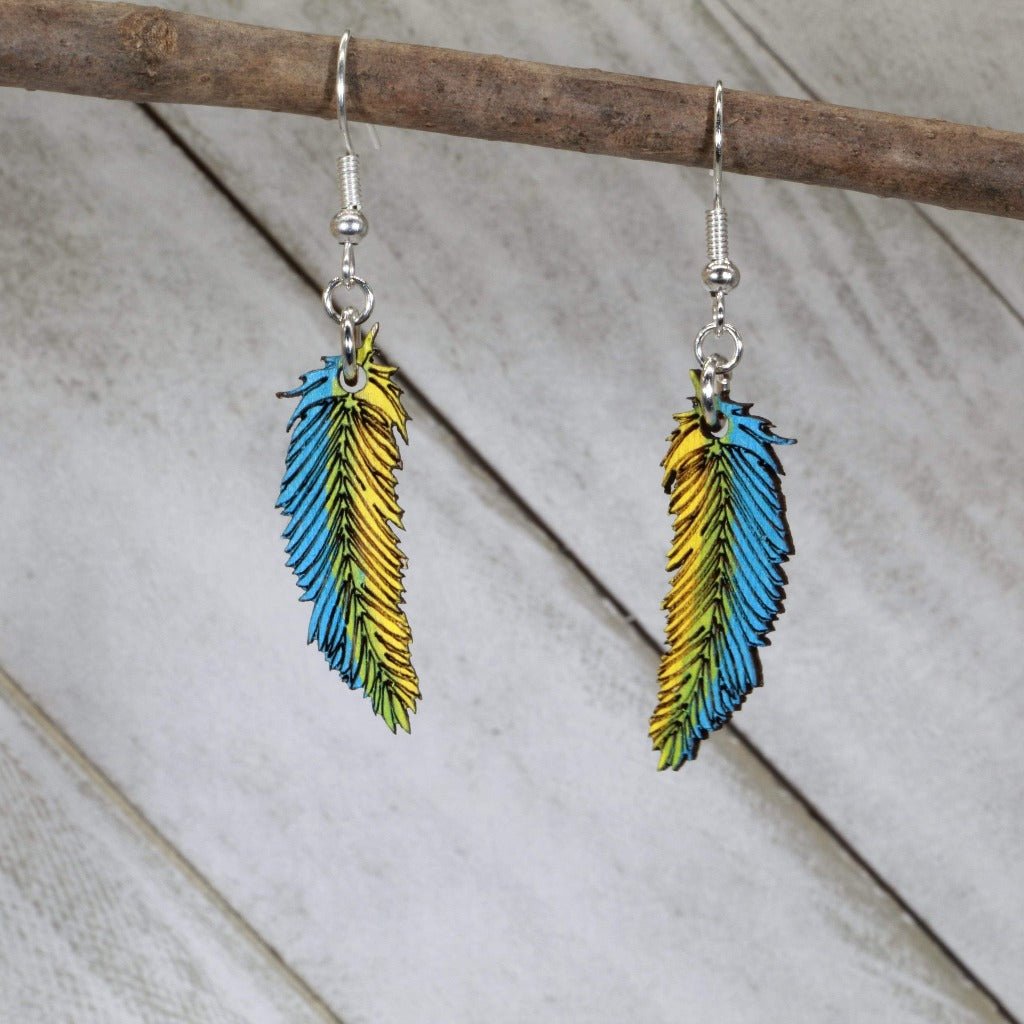 Blue and Yellow Wooden Feather Dangle Earrings by Cate's Concepts, LLC