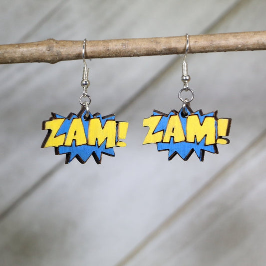 Cartoon "ZAM!" Sound Effect Wooden Dangle Earrings by Cate's Concepts, LLC