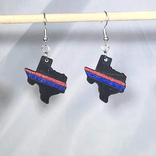 Thin Red/Blue Line Texas State Wood Dangle Earrings by Cate's Concepts, LLC