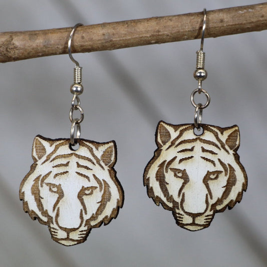 Tiger Face Wooden Dangle Earrings by Cate's Concepts, LLC