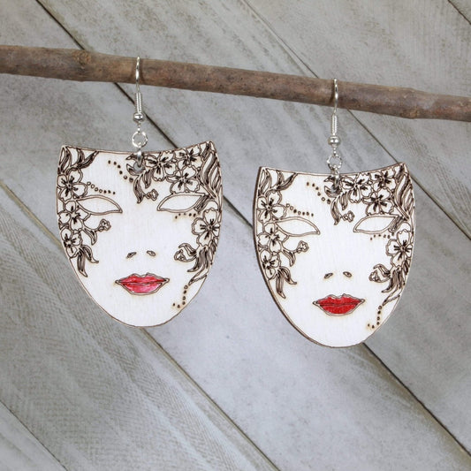 Venetian Mask Wooden Dangle Earrings by Cate's Concepts, LLC